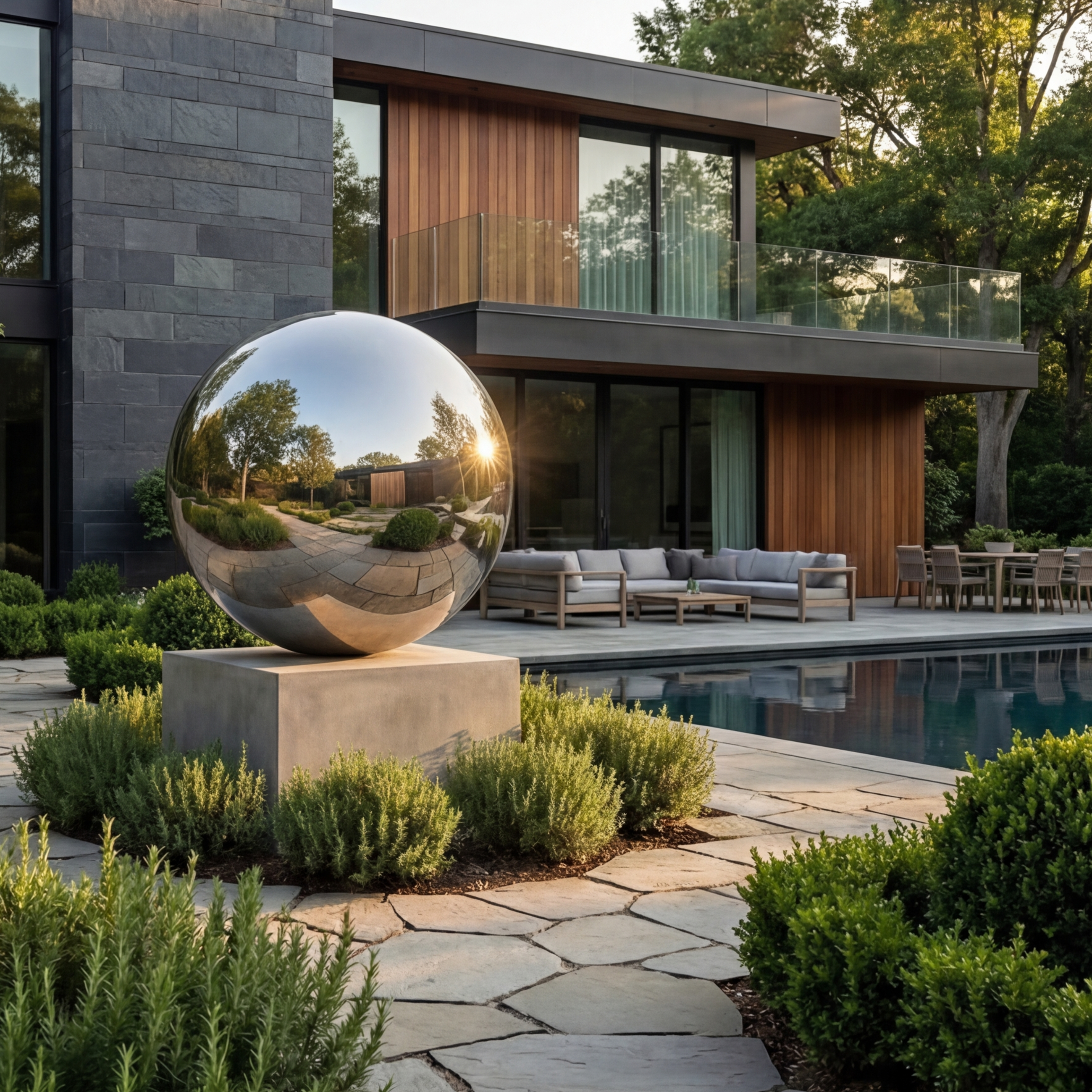 Vela Stainless Steel Minimalist Abstract Sphere Sculpture Garden Reflection VSSSS-9097
