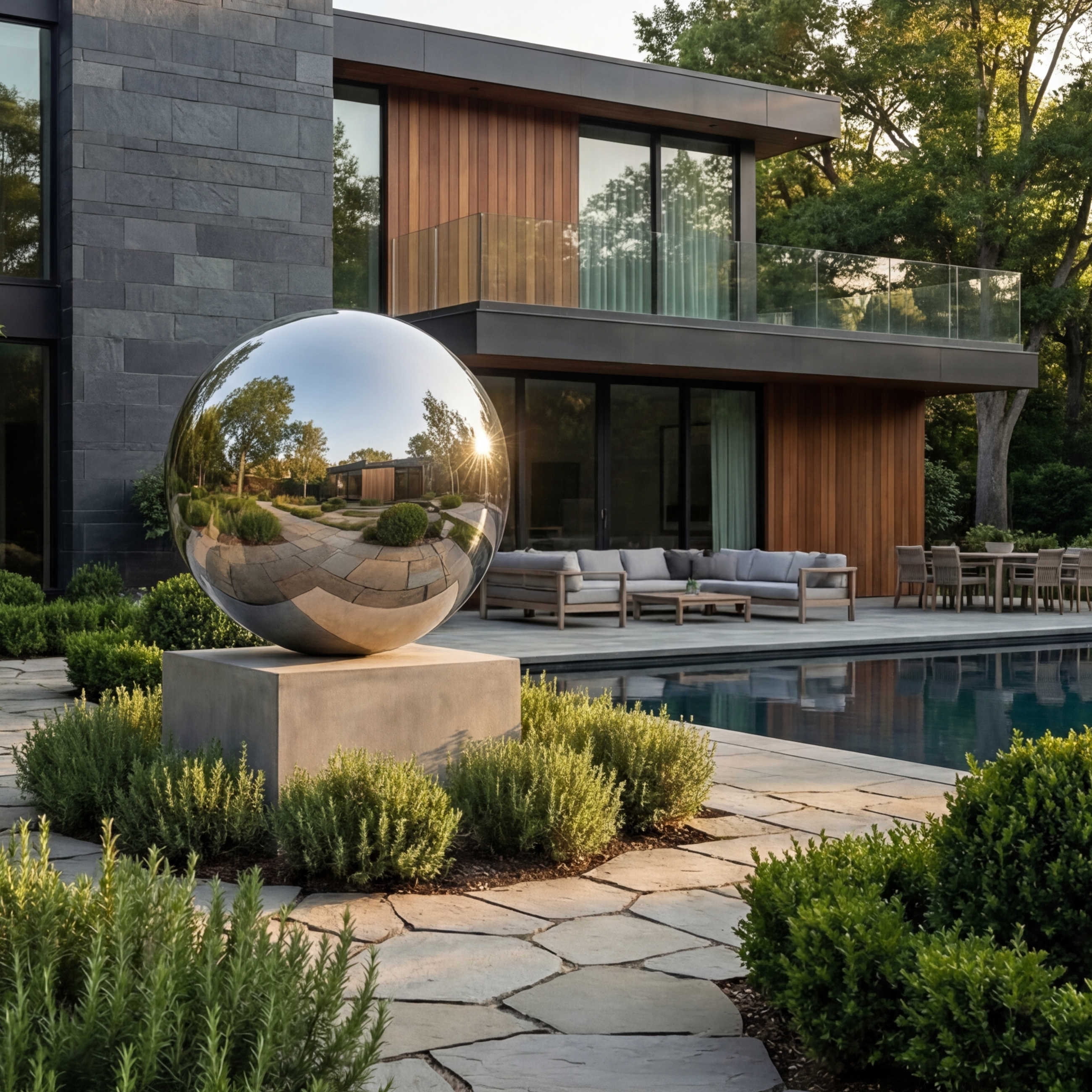 Vela Stainless Steel Minimalist Abstract Sphere Sculpture Garden Reflection VSSSS-9097