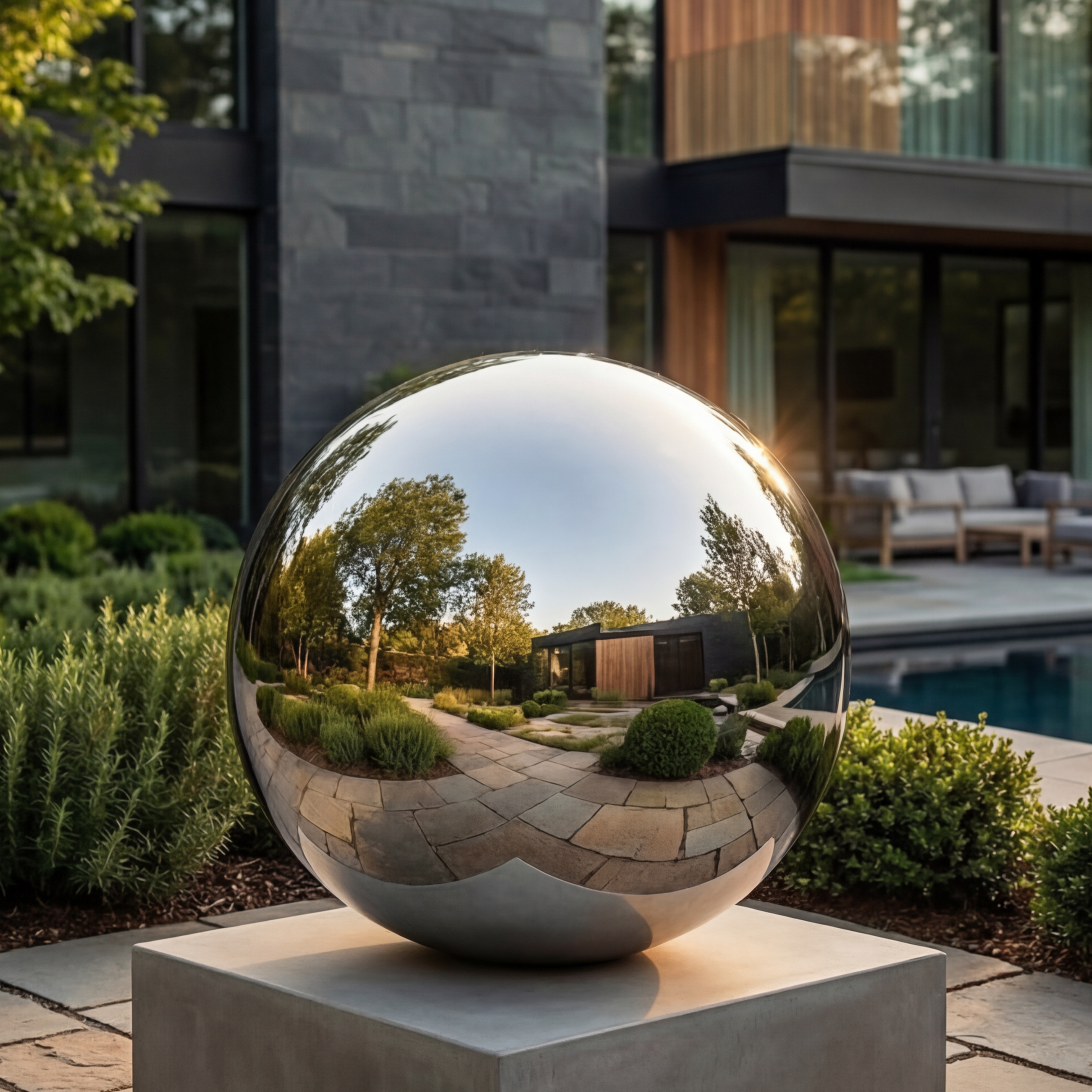 Vela Stainless Steel Minimalist Abstract Sphere Sculpture Garden Reflection VSSSS-9097