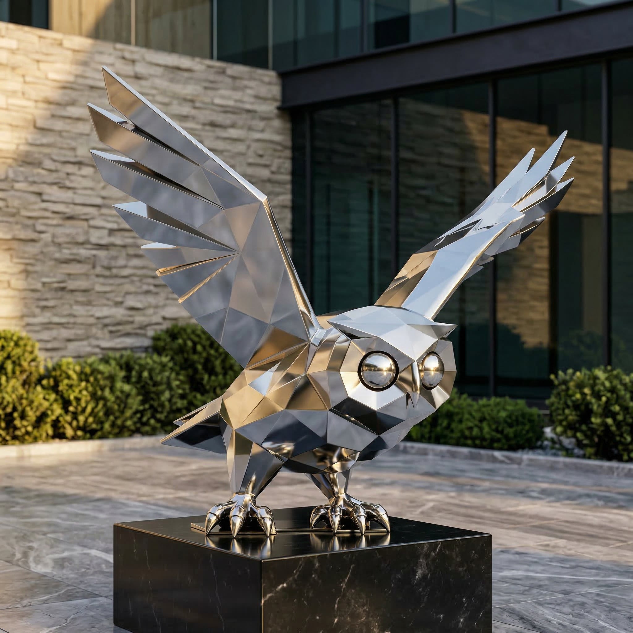 Vela-Stainless-Steel-Owl-Sculpture-Faceted-Garden-Plinth-VSSSS-941-01