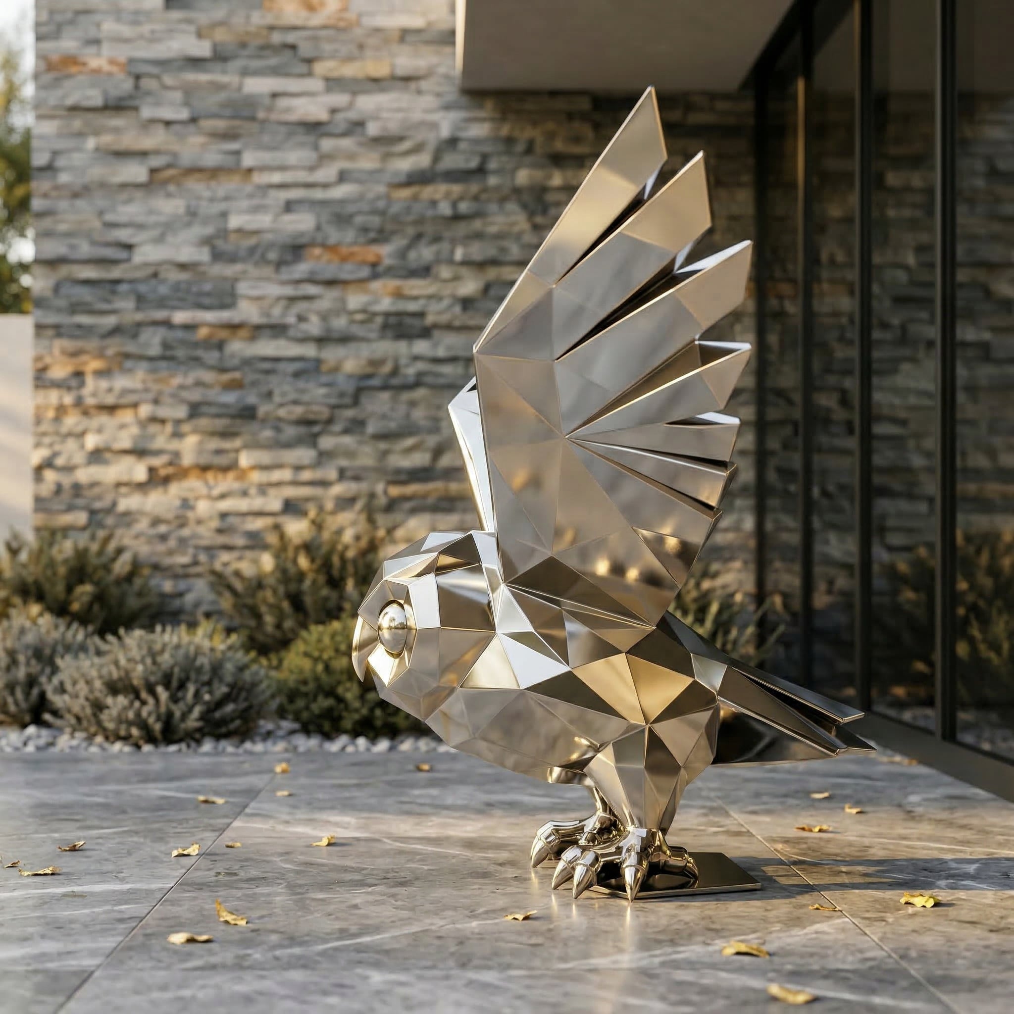 Vela-Stainless-Steel-Owl-Sculpture-Faceted-Garden-Plinth-VSSSS-941-02