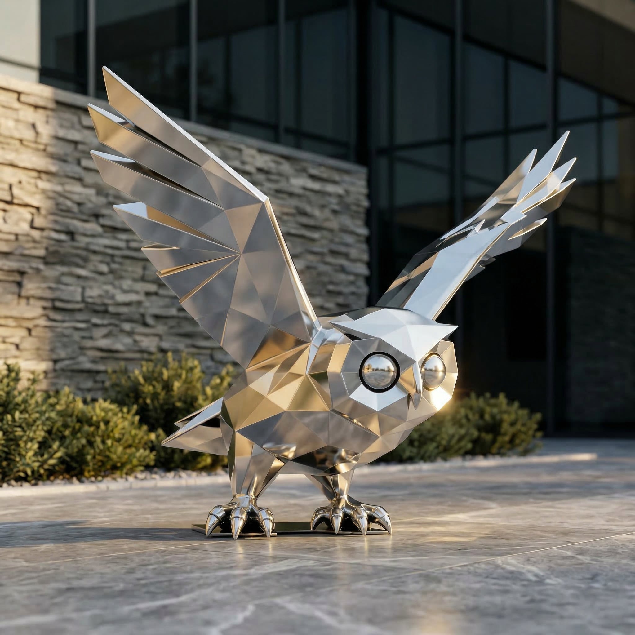 Vela-Stainless-Steel-Owl-Sculpture-Faceted-Garden-Plinth-VSSSS-941-03