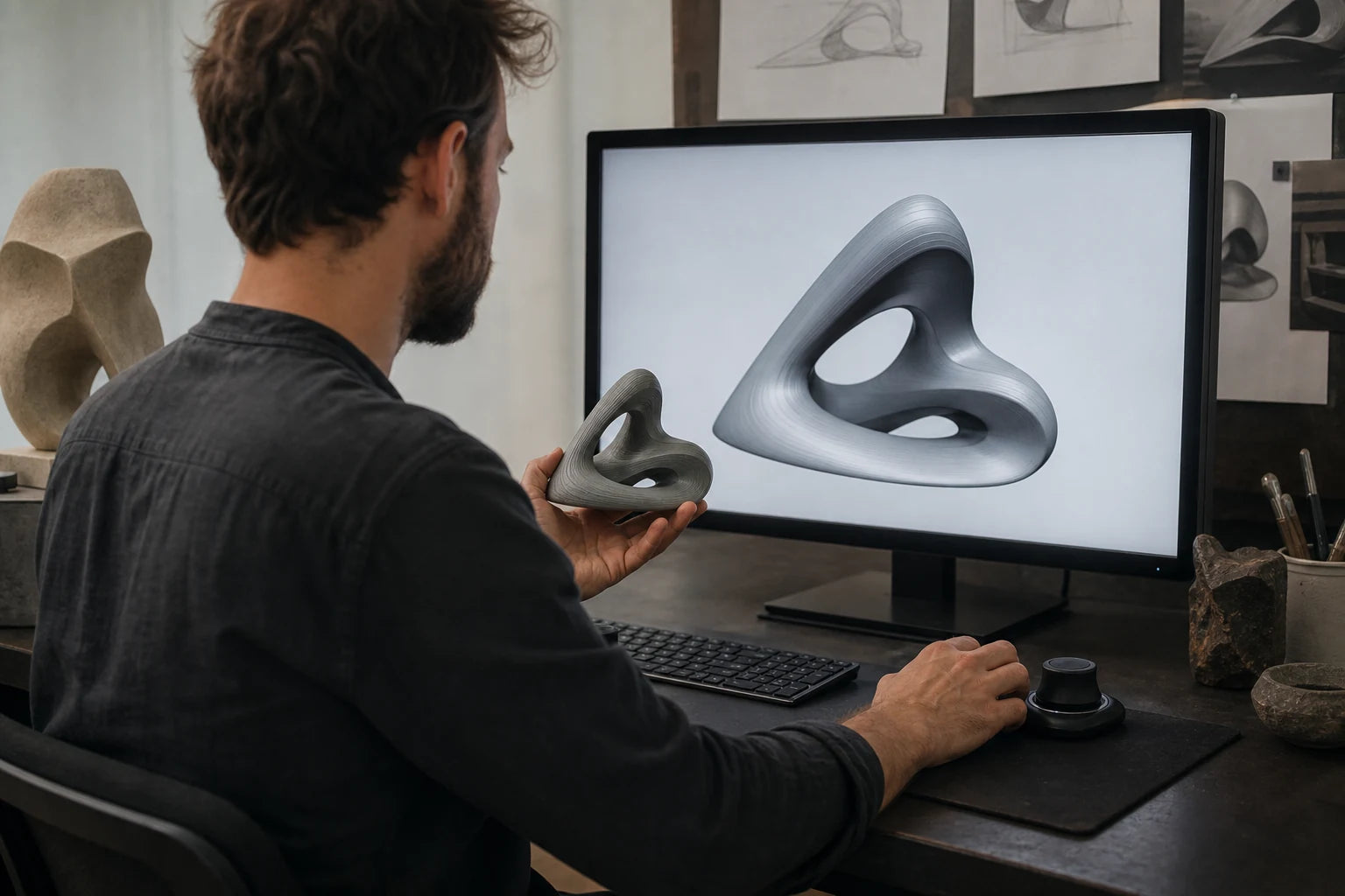 A designer comparing a physical sculpture model with its three-dimensional study