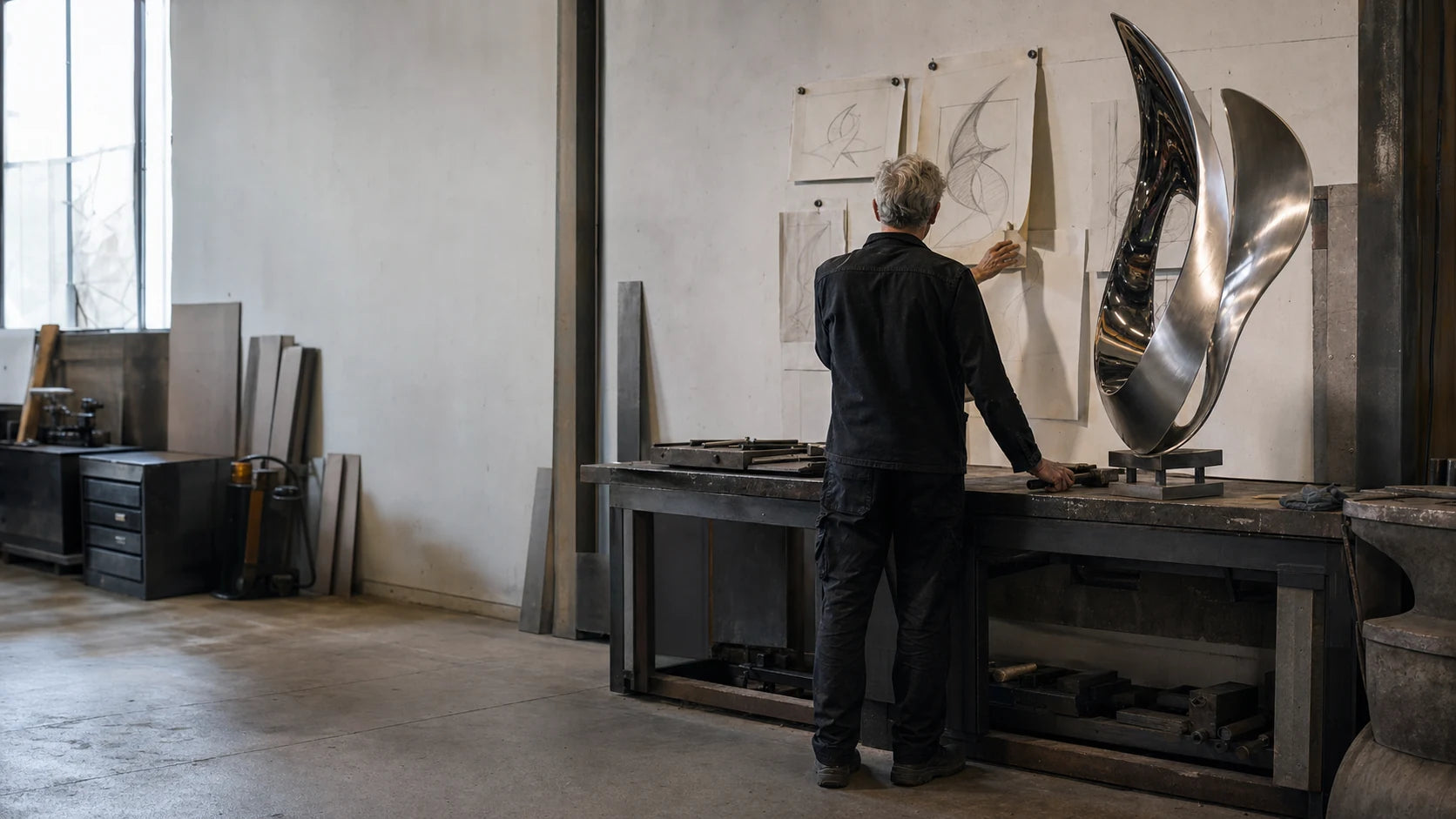 A sculpture artist developing a commission in the atelier