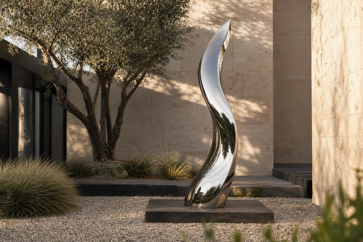 A commissioned mirror-polished sculpture installed in a contemporary courtyard