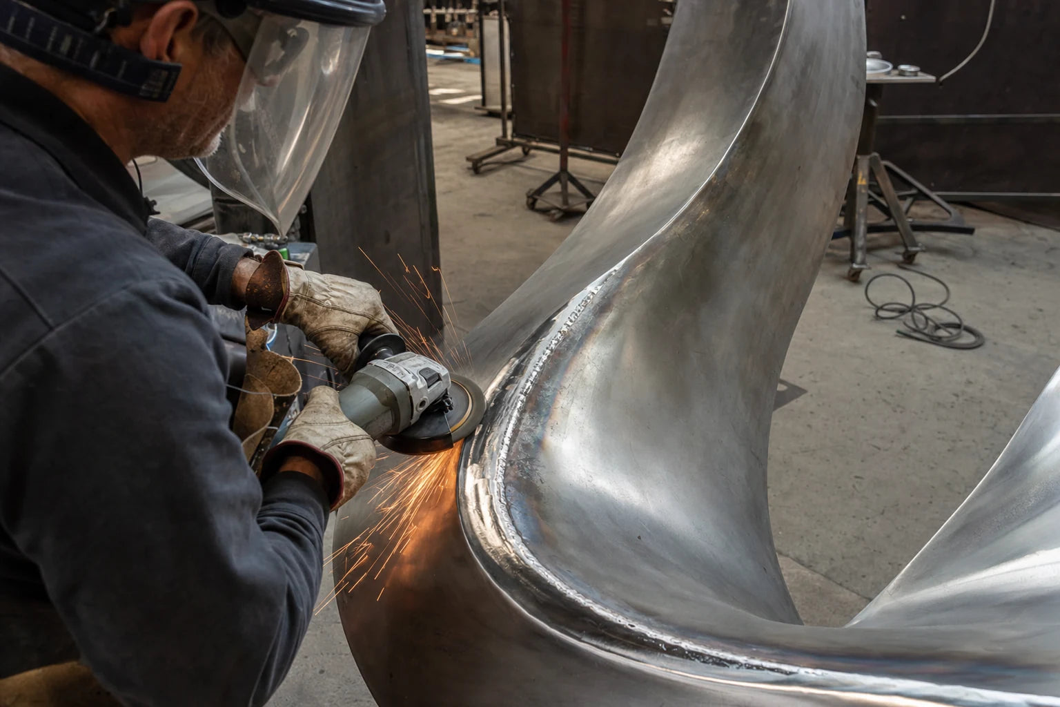 An experienced metal artisan finishing a stainless steel sculpture