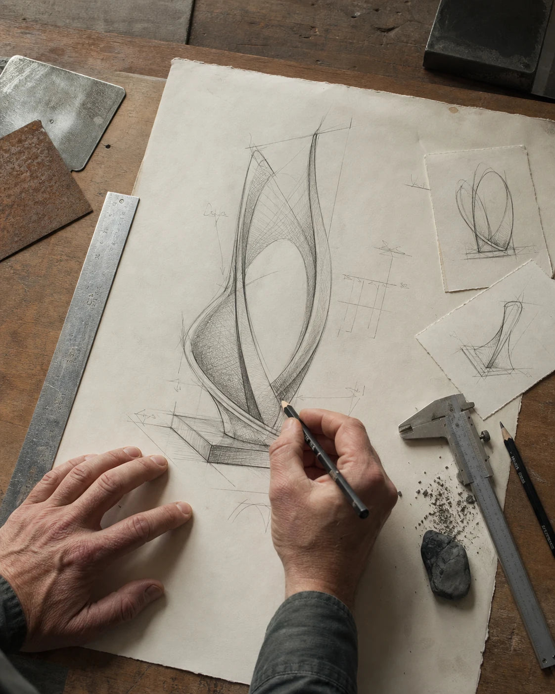 A sculpture concept being developed by hand in graphite