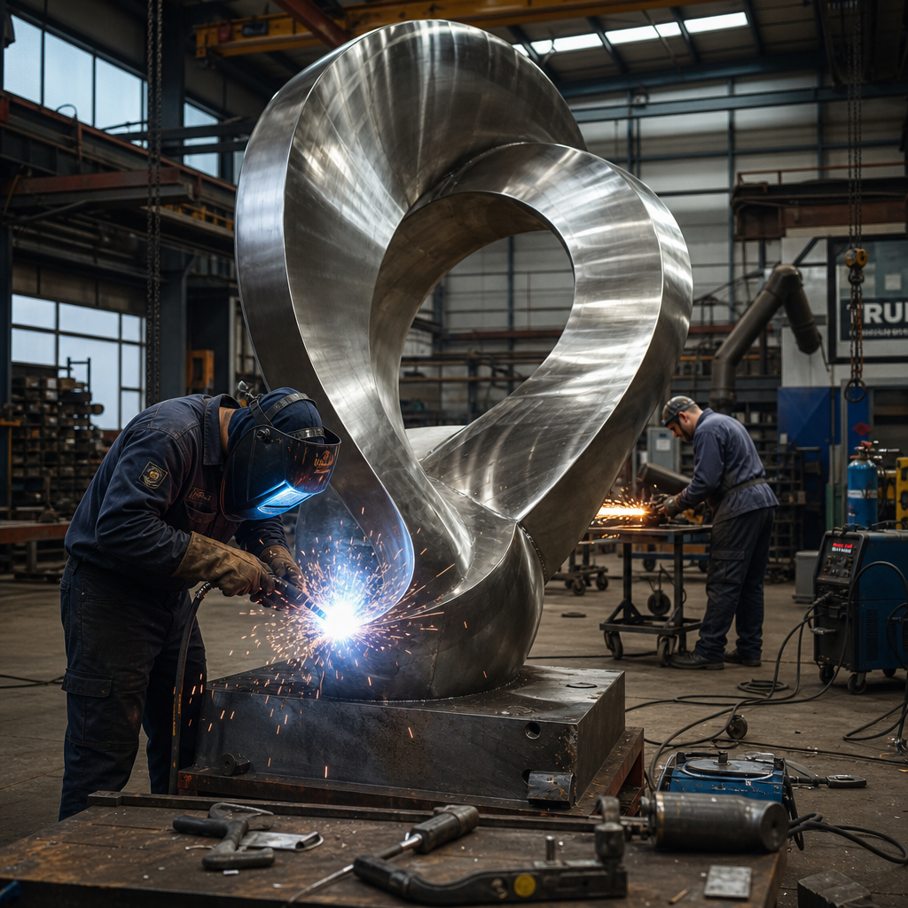 Artisans fabricating a large stainless steel sculpture
