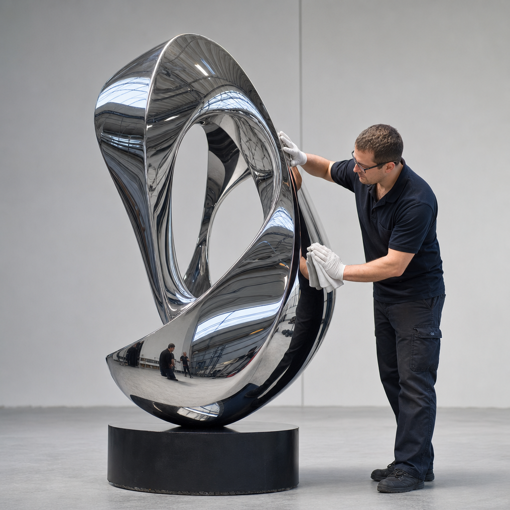 VELA specialist inspecting a polished stainless steel sculpture